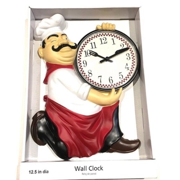 Fat Chef Wall Clock Bistro Italian Chef Kitchen Bar Analog Quartz 12.5 in - Picture 1 of 12
